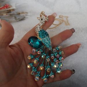 Large teal crystal Peacock pendant w/ chain